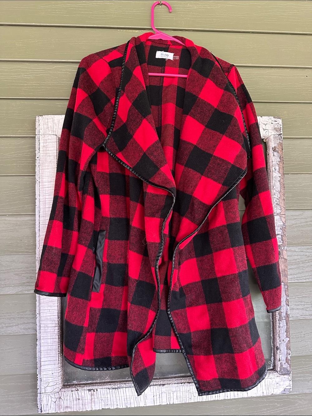 Bluivy Red and Black Buffalo Plaid Open Front Pea Coat